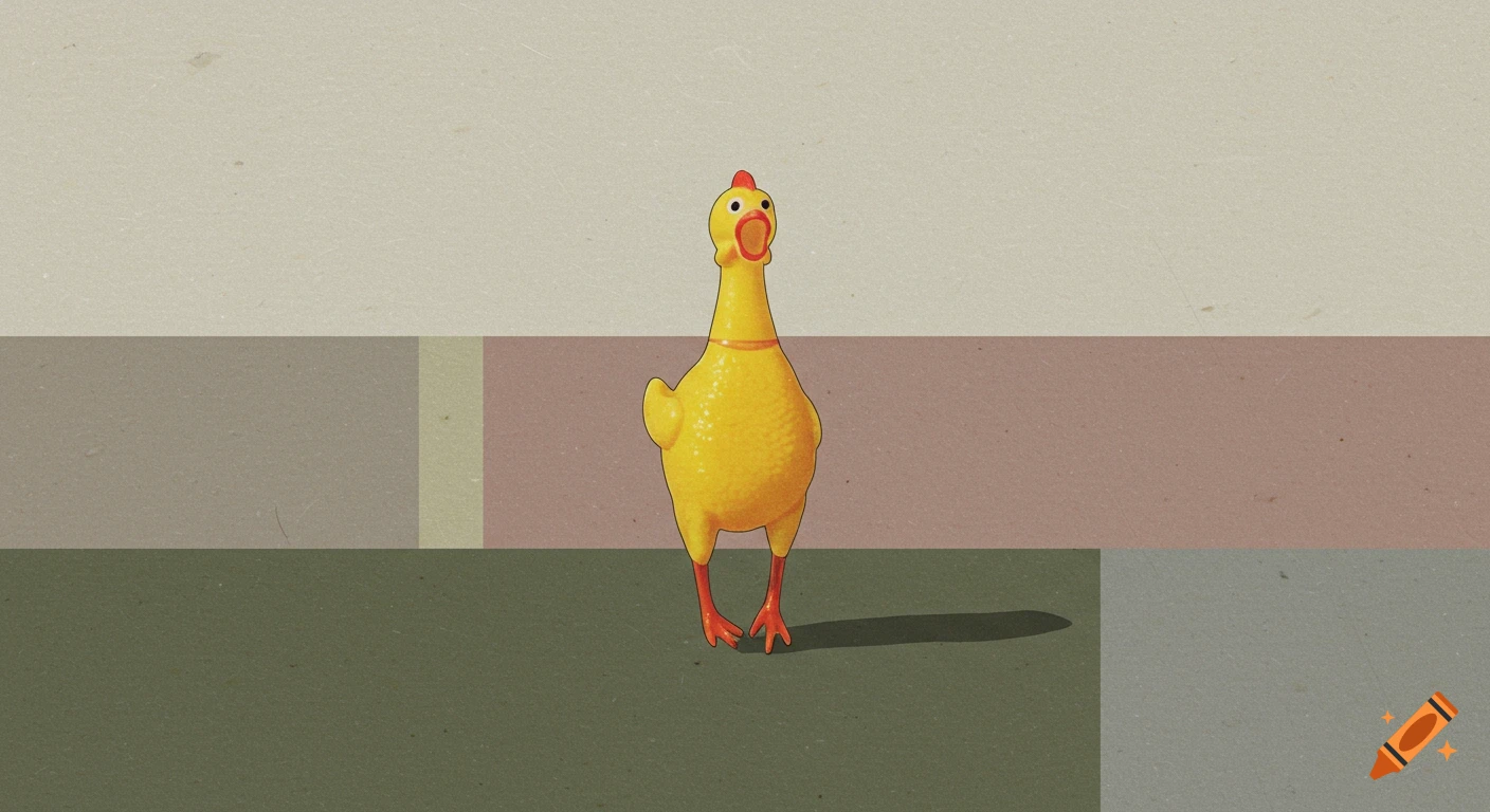 A yellow rubber chicken stands centered on a minimalist, textured background of muted beige, brown, and green blocks.