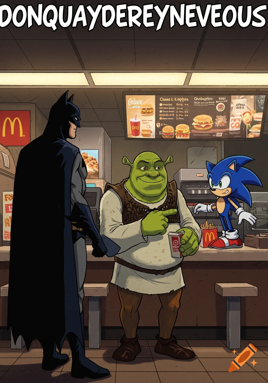 Batman, Shrek, and Sonic at a McDonald's counter in a 2D comic style. Shrek points at his drink. Text at top reads "DONQUAYDEREYNEVEOUS".