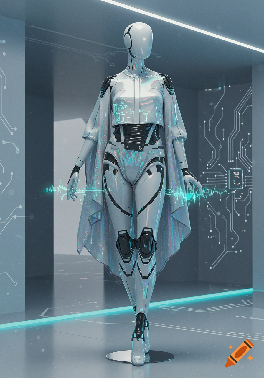 A futuristic white robot mannequin in a holographic cape jacket and black armored suit stands in a tech-inspired room.