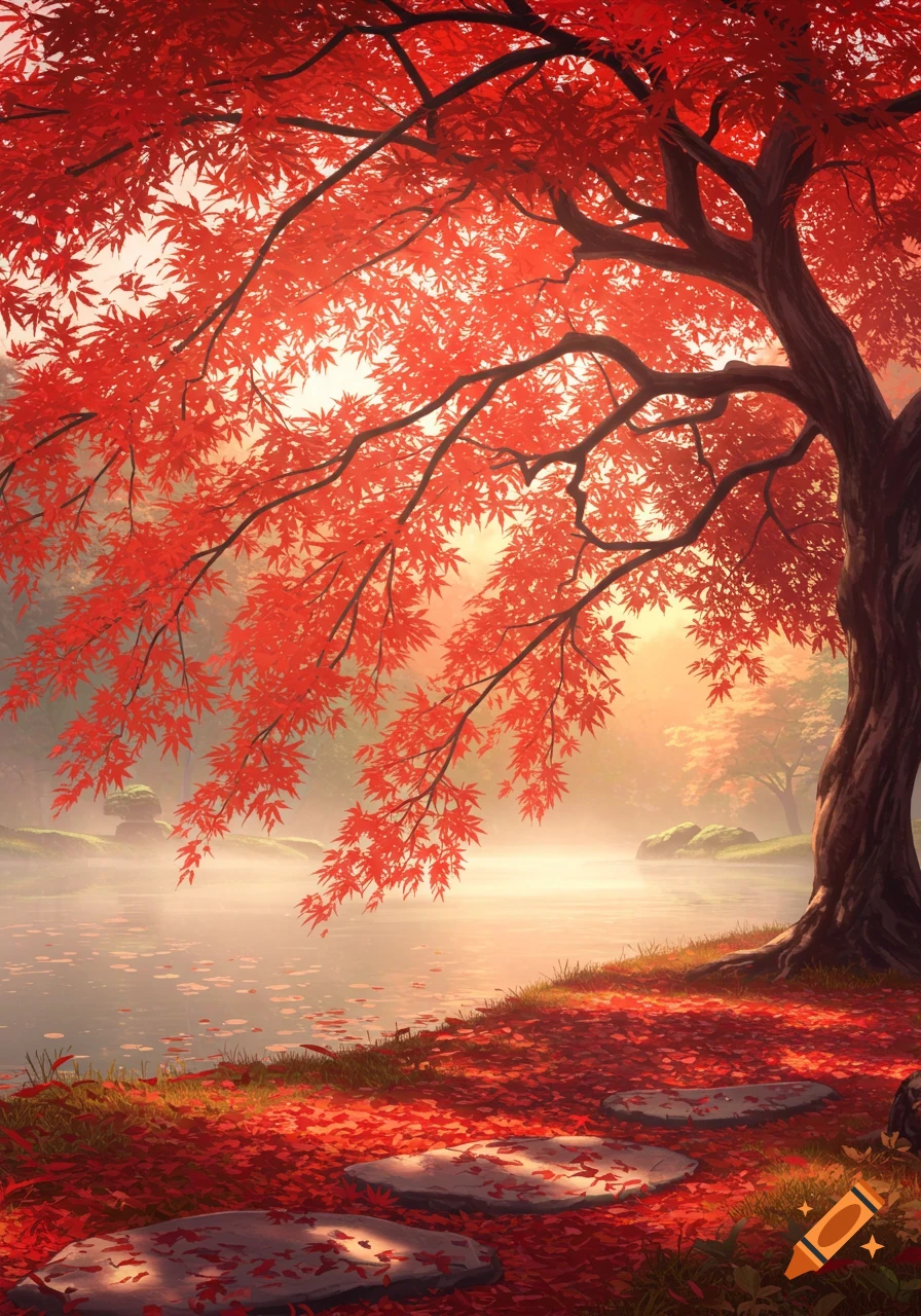 A vibrant red Japanese maple tree overlooks a misty lake with fallen leaves and stepping stones on the bank in an artistic style.