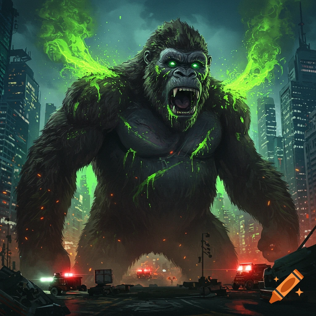 A giant gorilla covered in glowing green toxic waste roars in a destroyed city with police cars and skyscrapers.