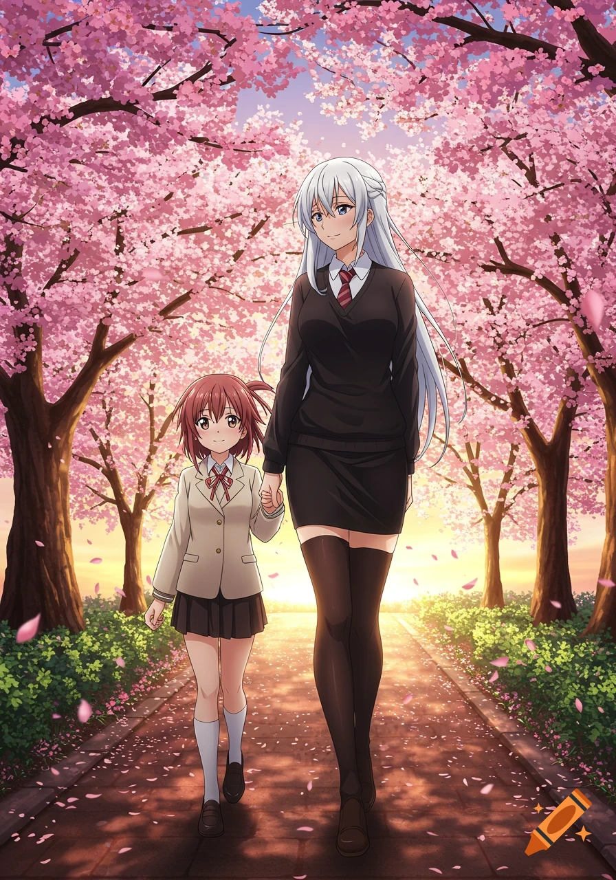 Two anime women, one tall with white hair and one shorter with brown hair, walk hand-in-hand down a path lined with pink cherry blossom trees at sunset.