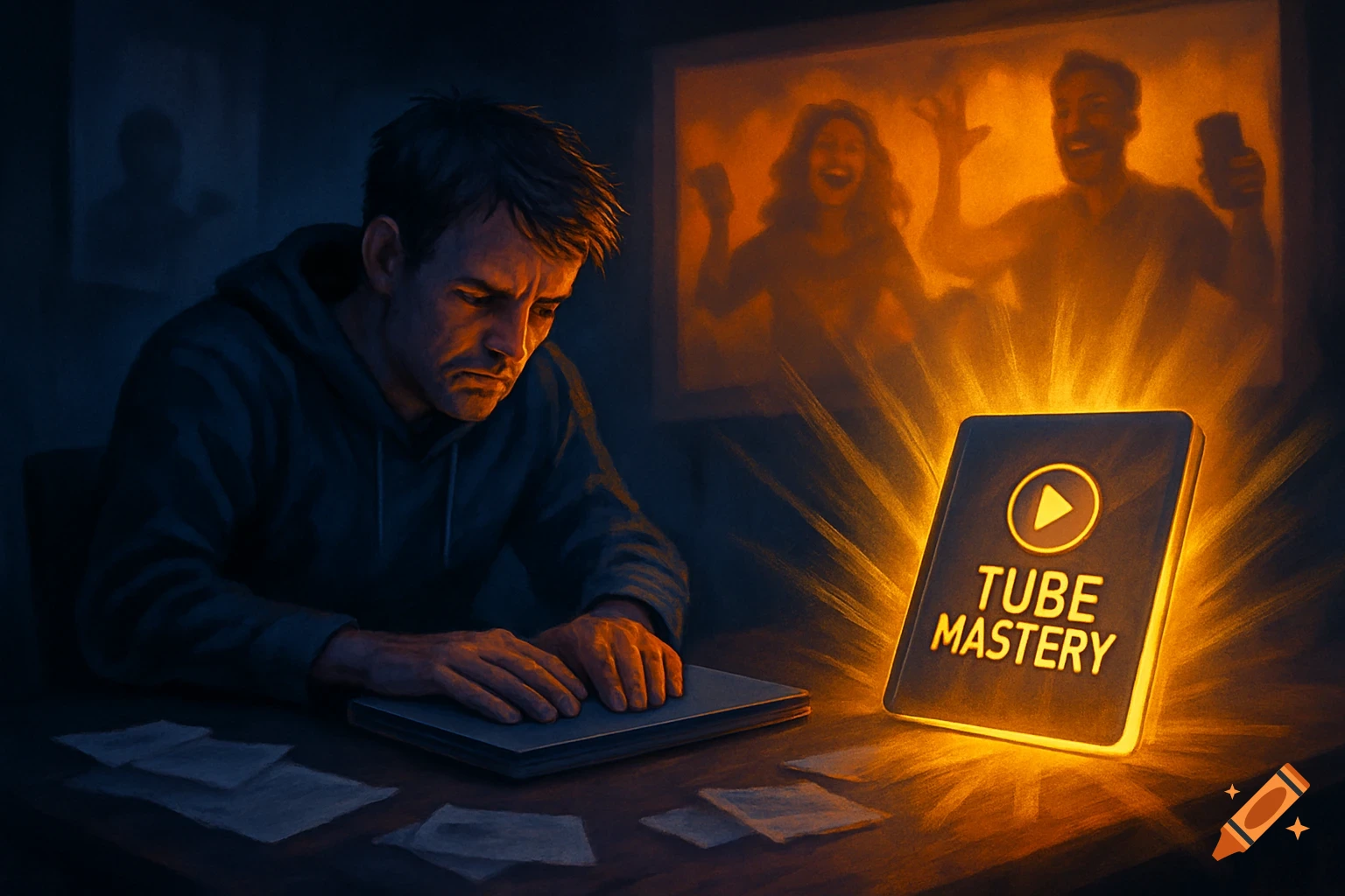 Digital art of a sad man at a dark desk, illuminated by a glowing 'Tube Mastery' book, with silhouettes of happy creators.