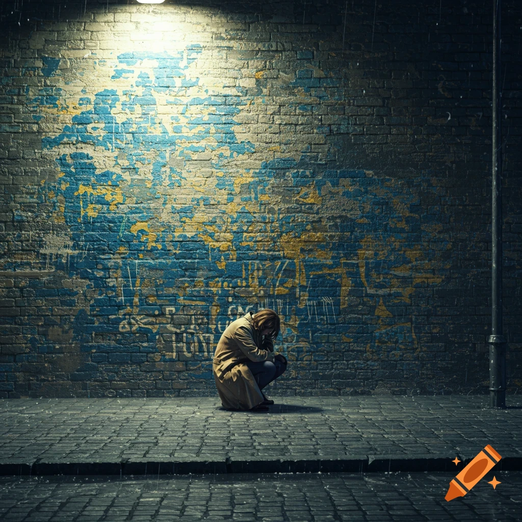 A lone person crouches on a wet cobblestone street at night, under a street light, against a peeling blue and yellow brick wall.