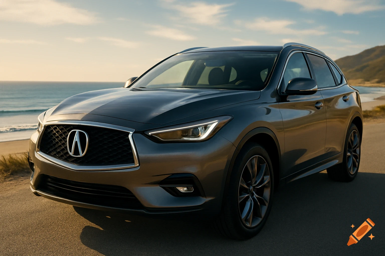 Dark grey Acura SUV parked on a coastal road overlooking the ocean at sunset.