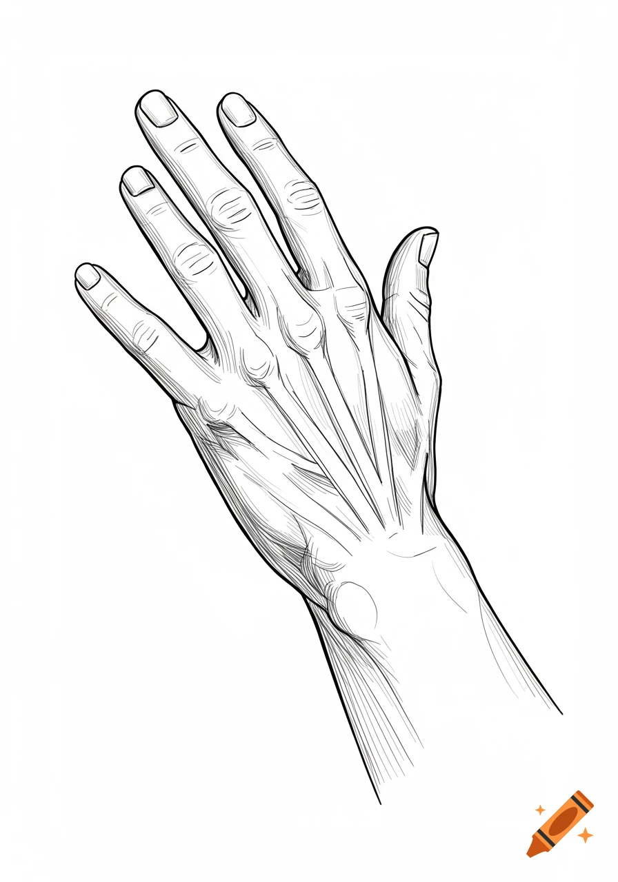 Black and white line drawing of a human hand from the back, showing anatomical details on a white background.