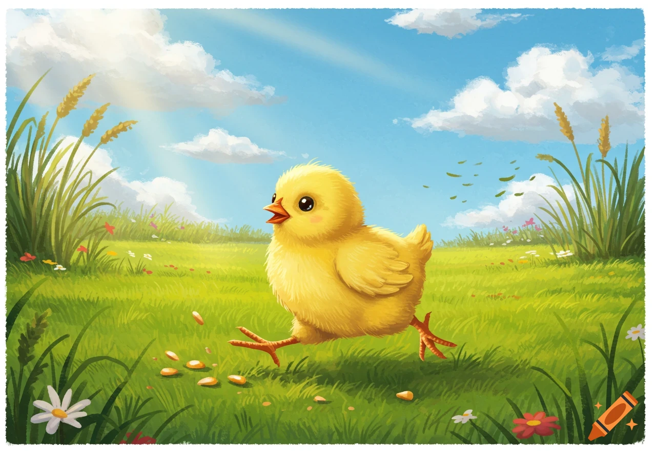 A fluffy yellow chick runs through a sunny green field, eating corn, in a vibrant cartoon illustration.