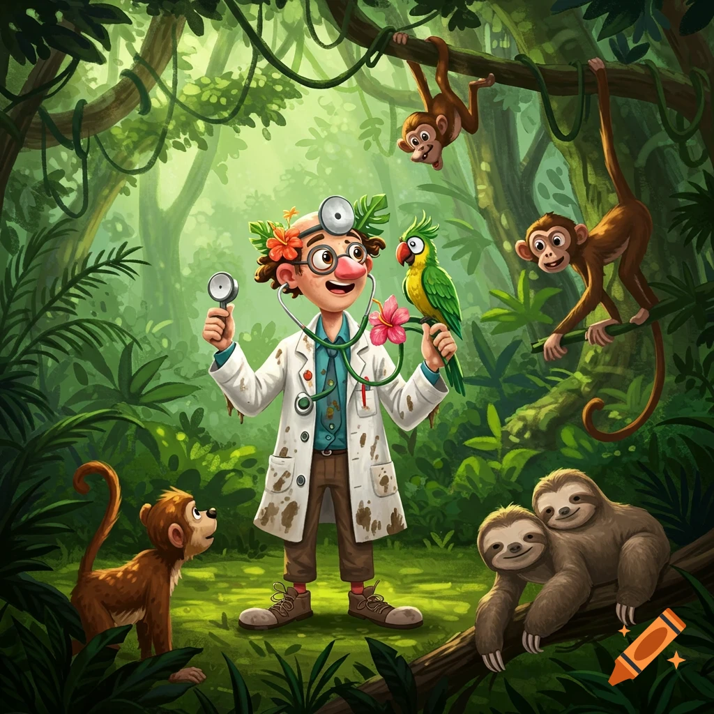 Cartoon illustration of a cheerful doctor with a stethoscope, holding a parrot and a flower in a lush jungle with monkeys and sloths.