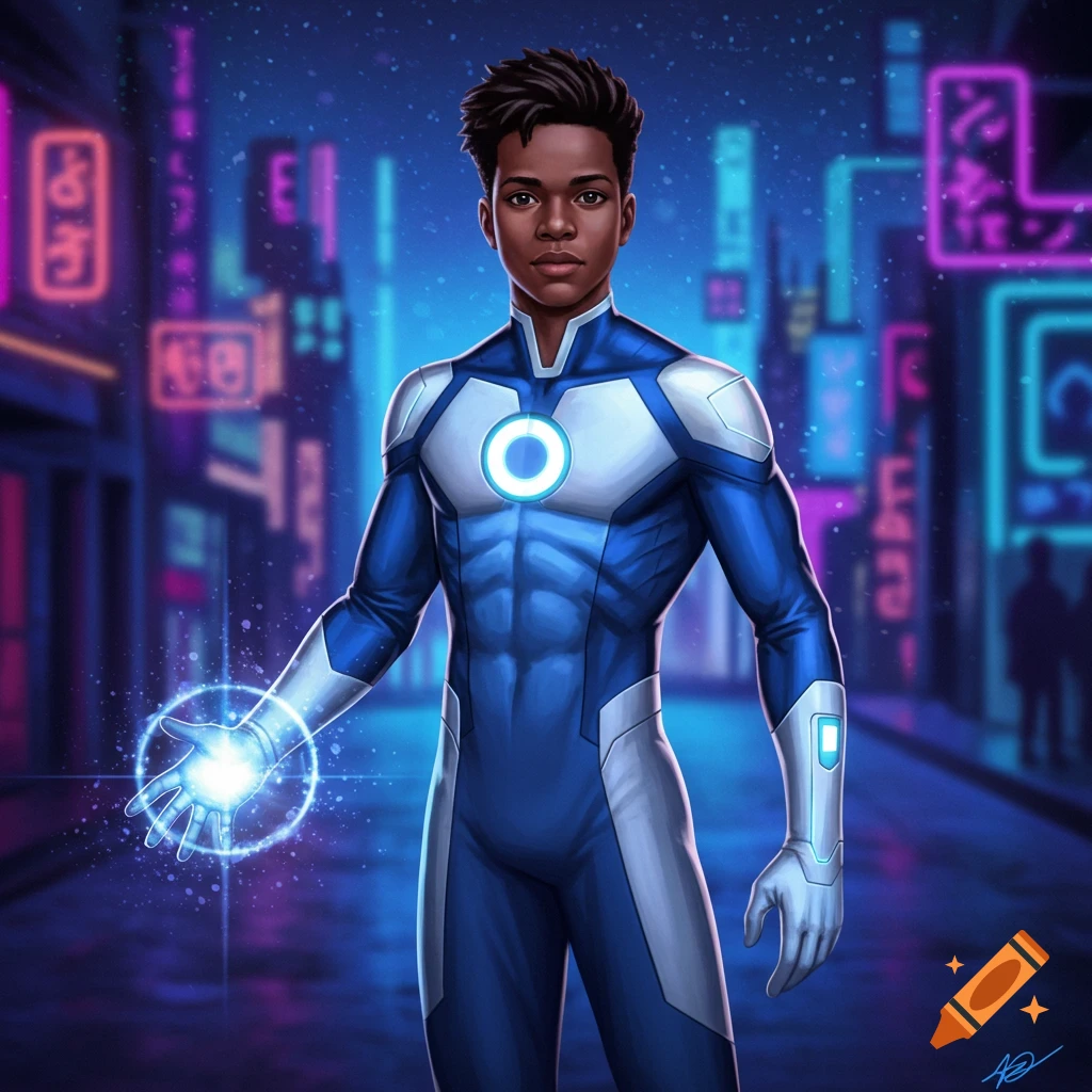 A young Black man in a blue and white superhero suit stands in a neon-lit futuristic city, a glowing orb of energy in his hand. Digital art.