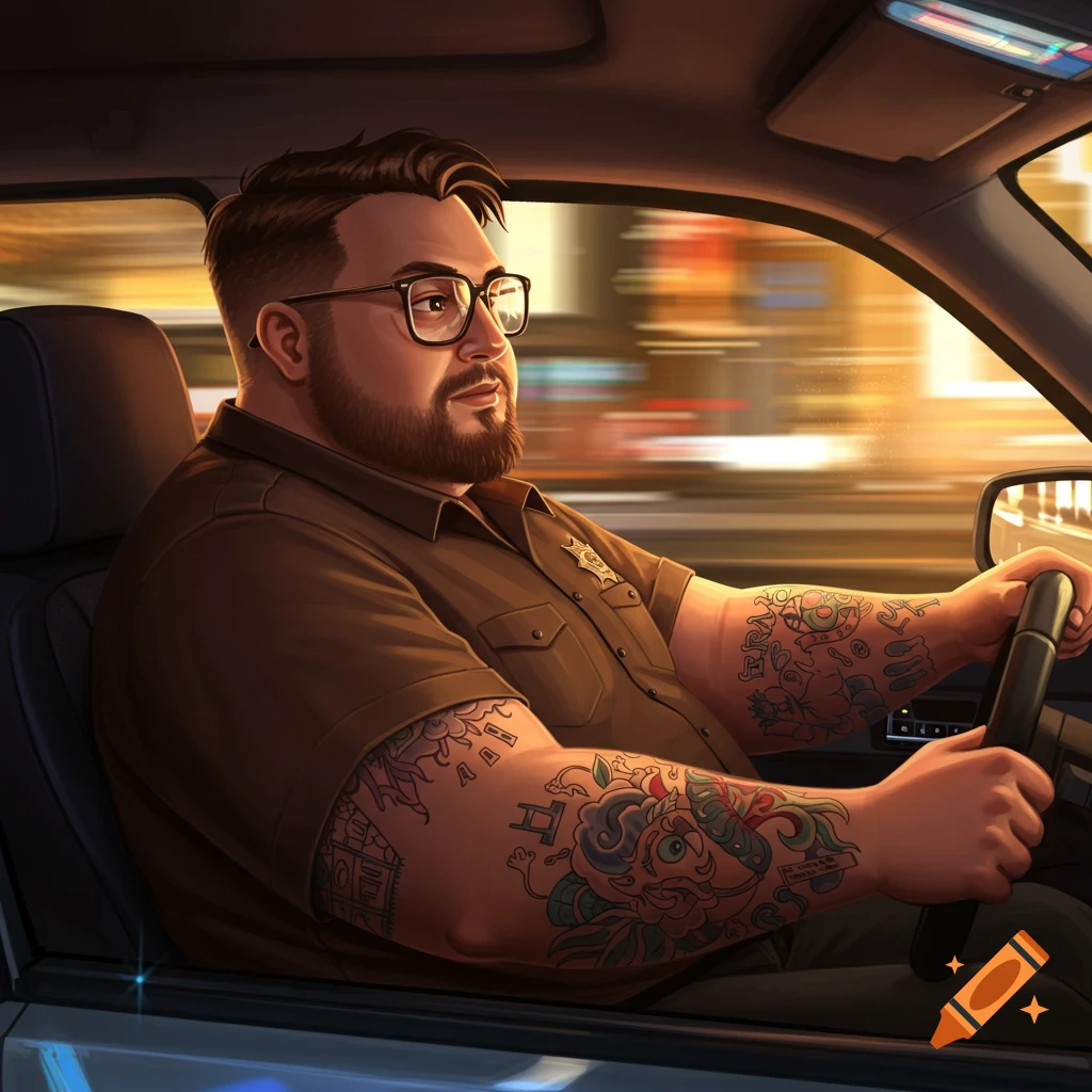Illustrated man with a beard, glasses, and tattoos driving a car with motion blur in the background.