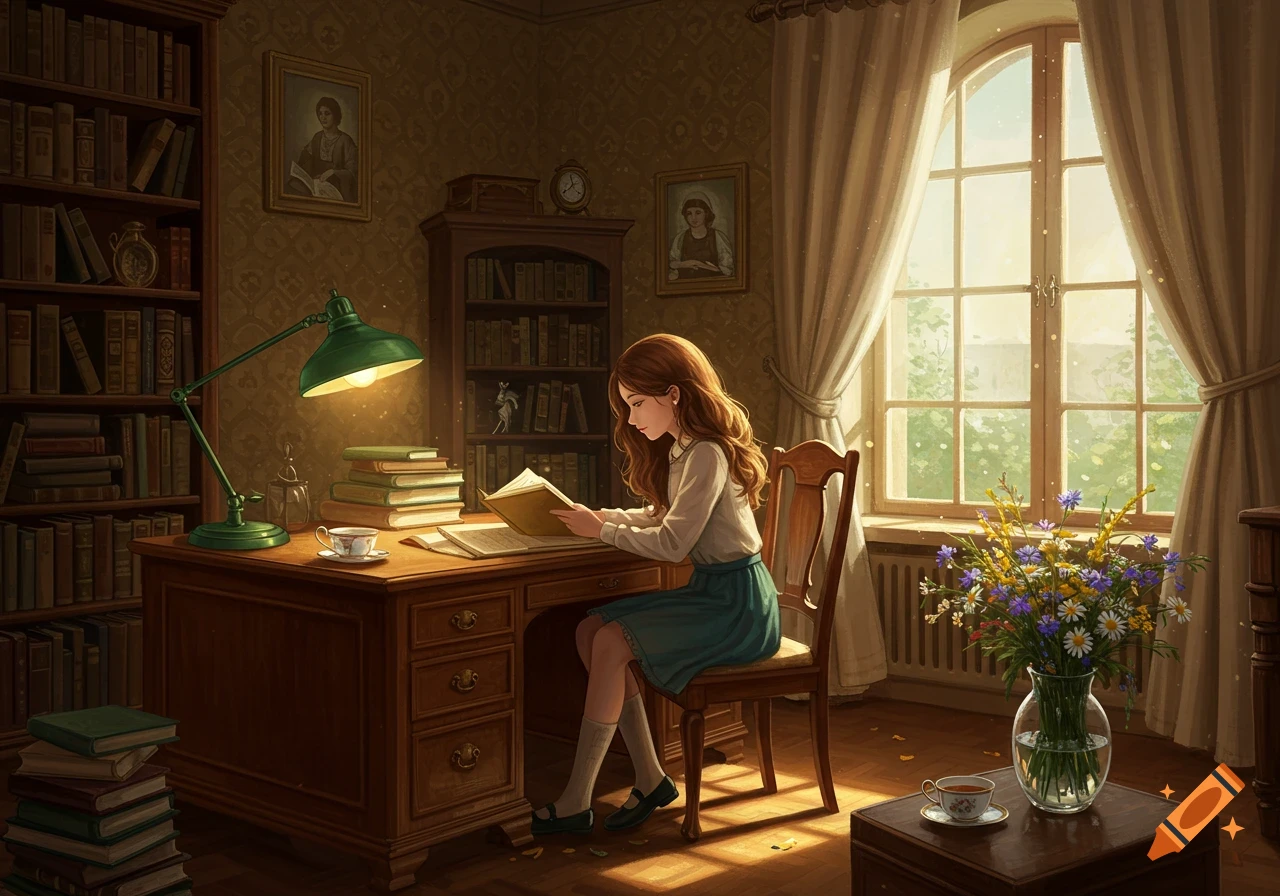 An illustrated girl with brown hair reads a book at a desk in a cozy, sunlit study with bookshelves and a vase of flowers.