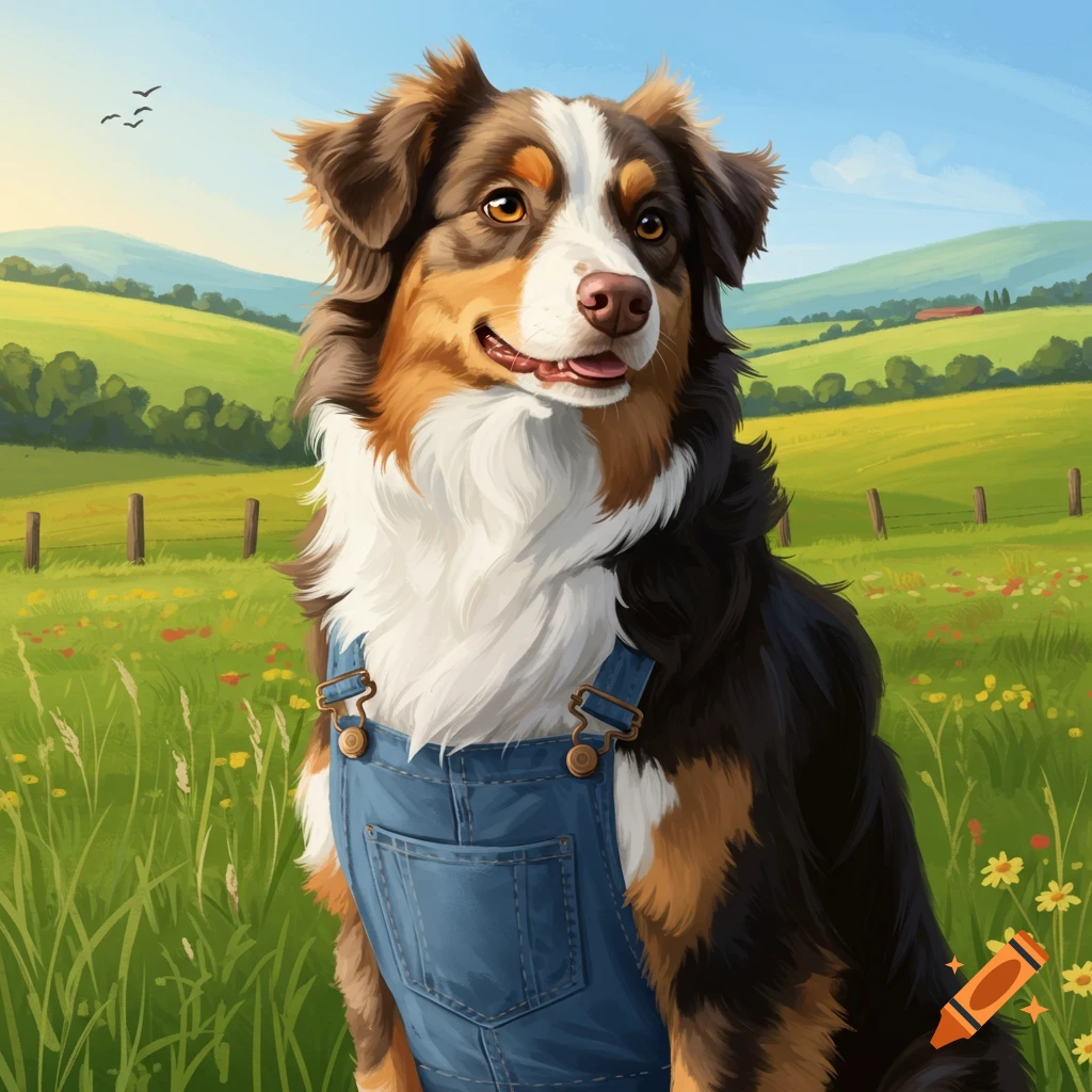 An illustrative Australian Shepherd dog in blue overalls sits in a sunny green field with wildflowers and hills.