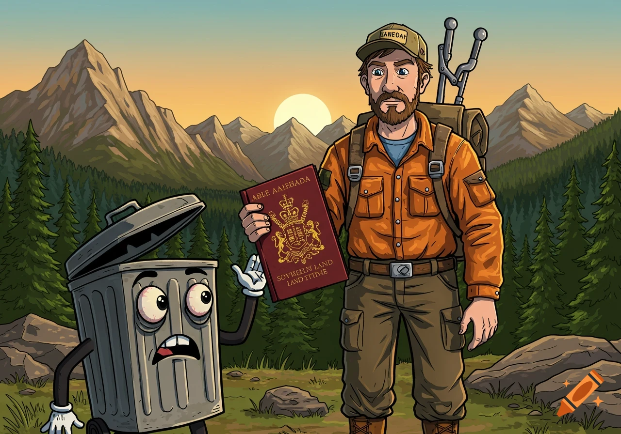 A cartoon man in hiking gear holds a red book with a royal crest and garbled text, looking at a surprised, anthropomorphic trash can, all set against a mountain and forest backdrop at sunset.