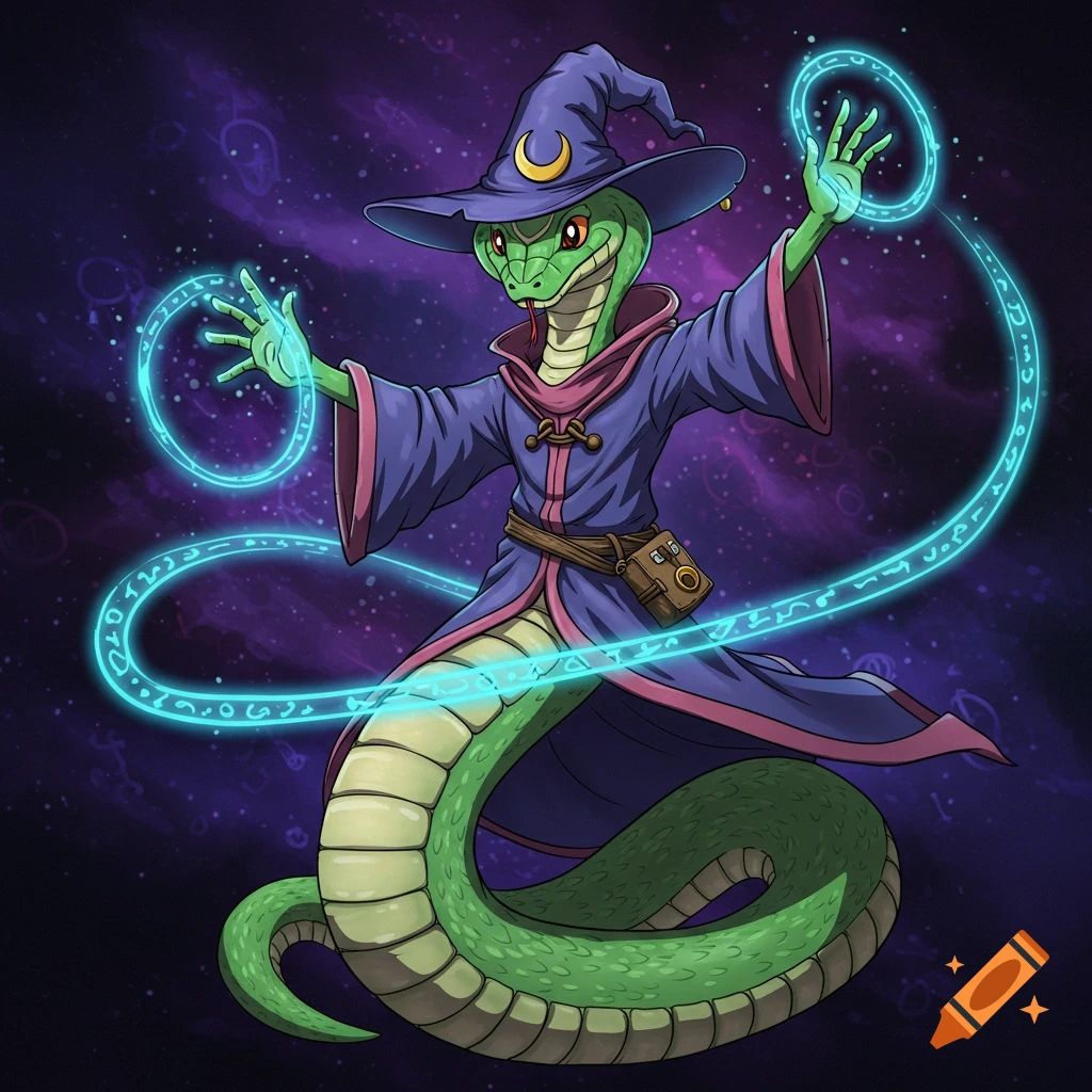 Anime-style green snake mage in a wizard hat and robes, casting blue magic against a cosmic background.