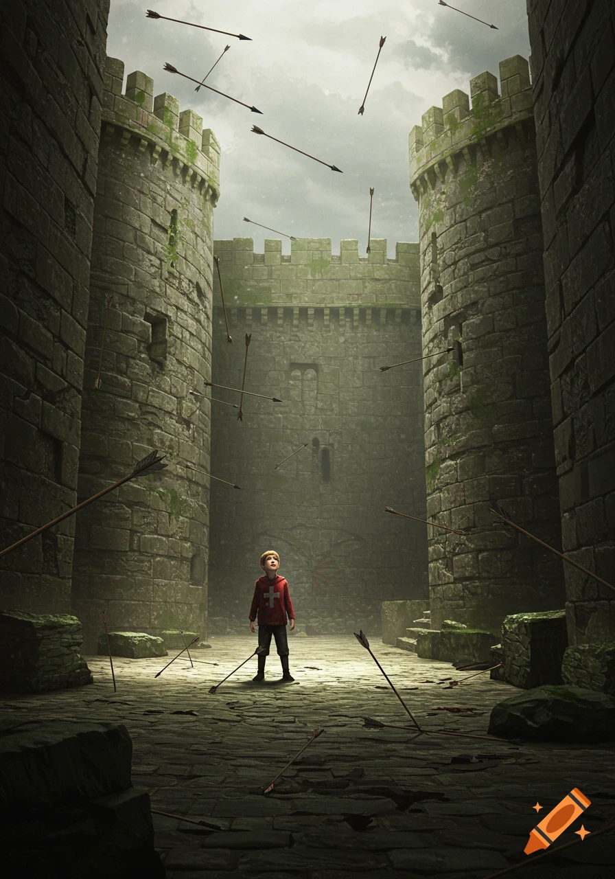 A young boy in a red hoodie stands in a stone castle courtyard while arrows fall around him.