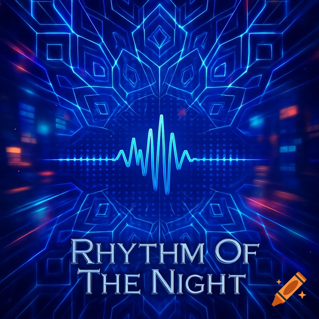 A vibrant blue and black digital album cover with geometric patterns, a central sound wave, and the text 'RHYTHM OF THE NIGHT'.