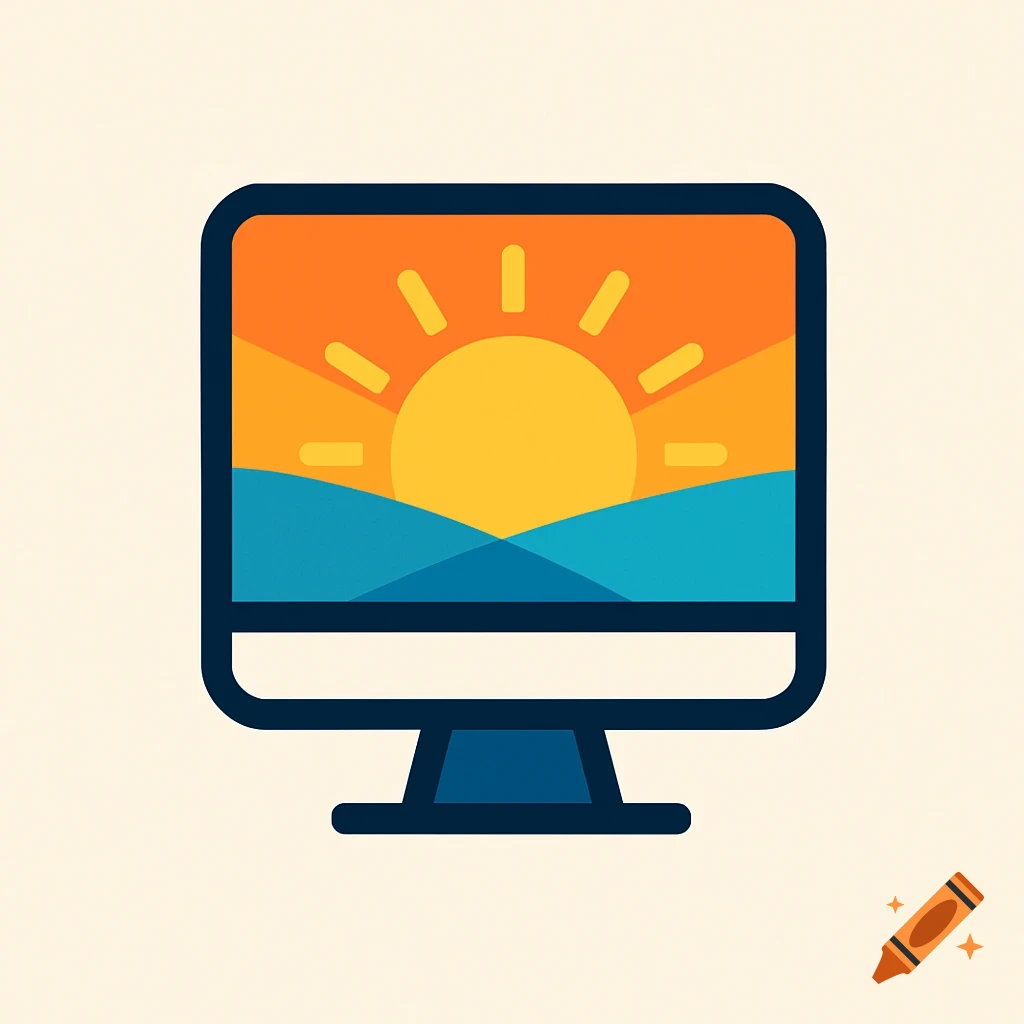 Stylized icon of a desktop computer showing a yellow sun rising over blue mountains on an orange sky.