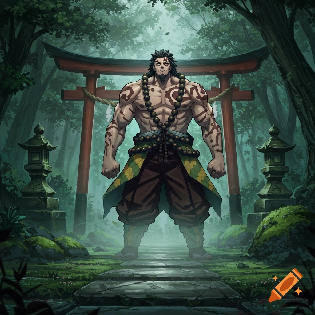 Muscular anime man with prayer beads and body markings stands in a mystical forest before a red torii gate and stone lanterns.