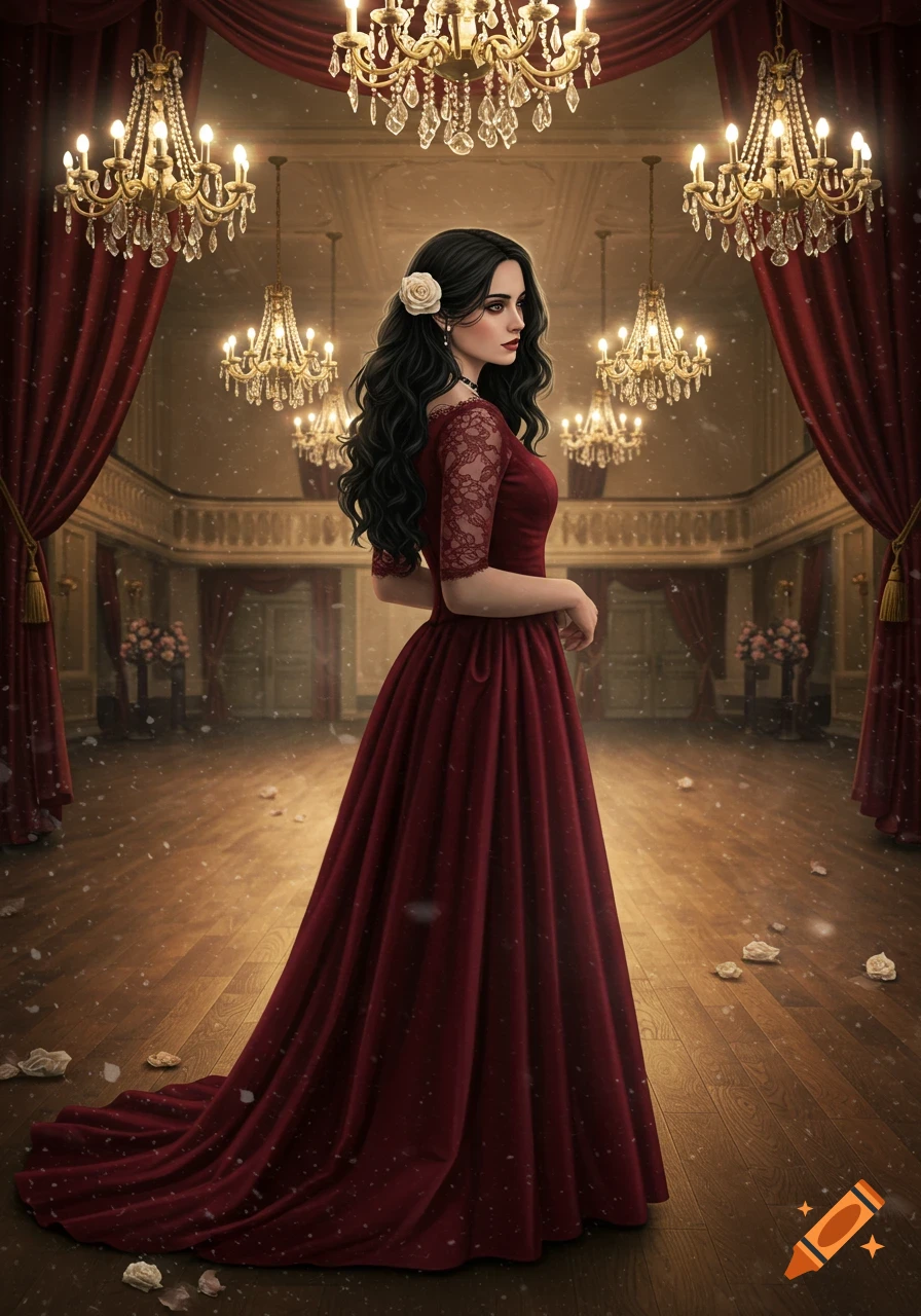 A woman in a long red gown stands in a chandelier-lit ballroom with rose petals on the floor, looking over her shoulder.