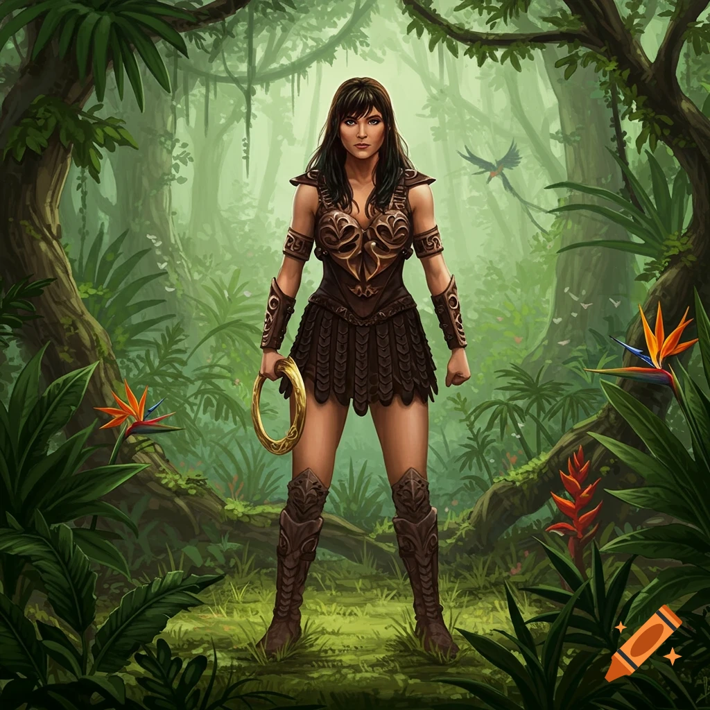 A female warrior in intricate brown armor stands in a lush rainforest, holding a golden hoop.