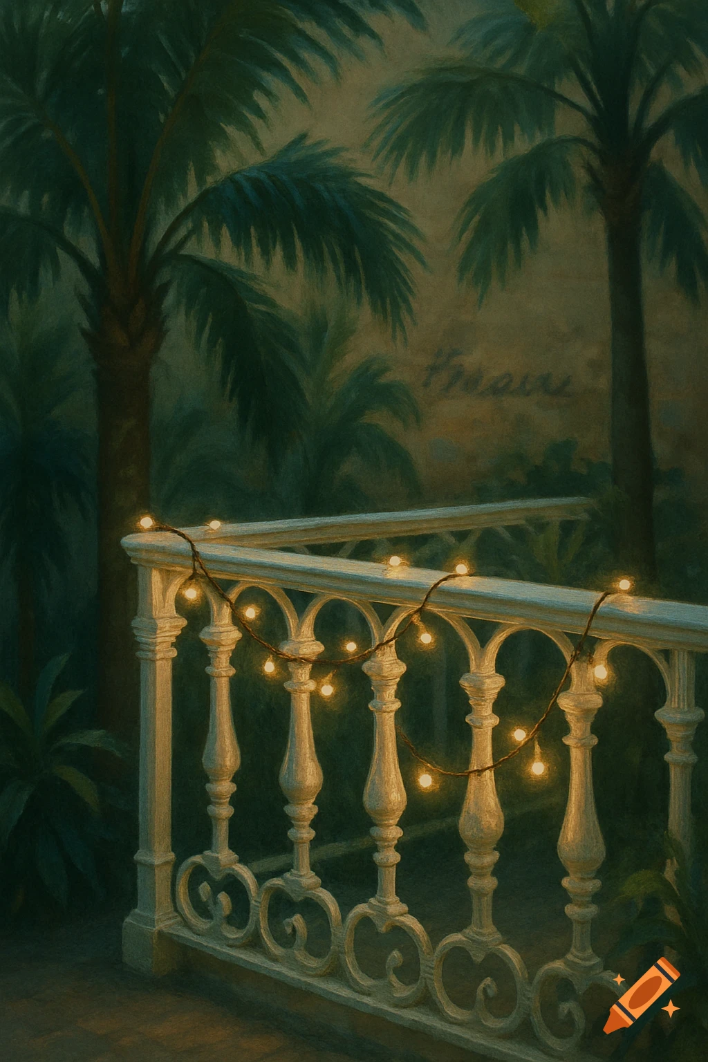 Painterly view of a white balustrade railing with warm string lights against a dark, lush tropical background with palm trees.
