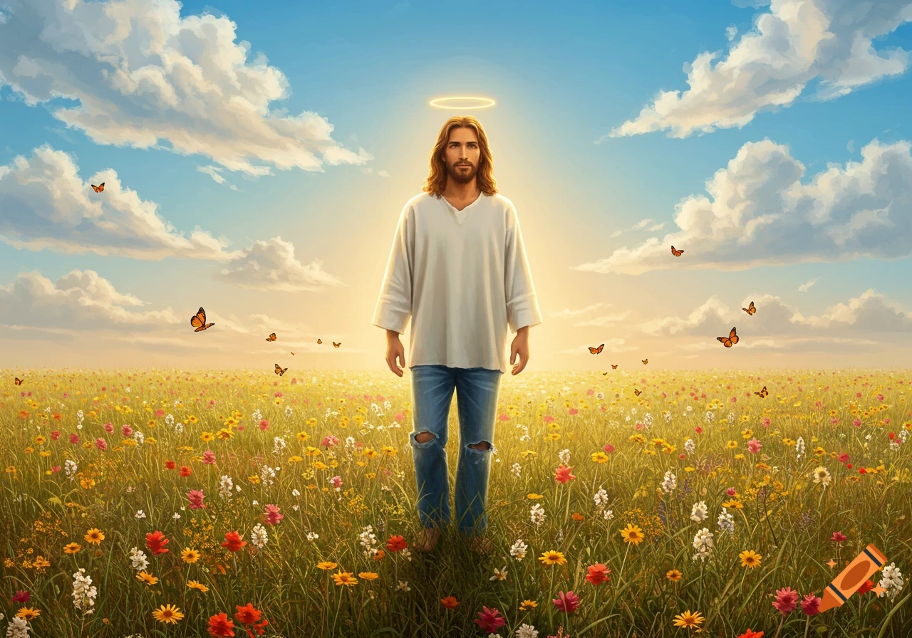 Illustrated Jesus with a halo stands in a vibrant wildflower field under a bright sky with butterflies.