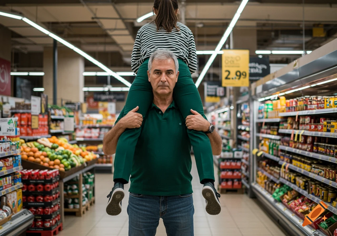 A man carrying a woman on his shoulders in a supermarket aisle, shot from the front.