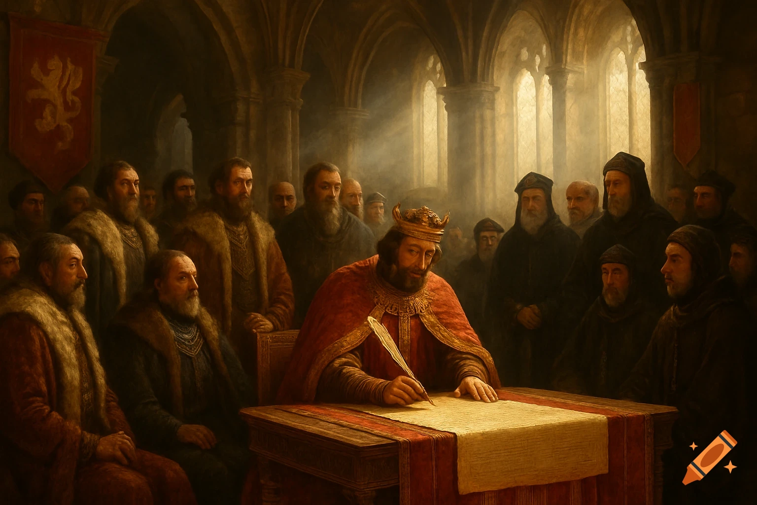 A king in a red robe and crown signs a document at a table, surrounded by advisors in a dimly lit medieval hall, in a classic painting style.