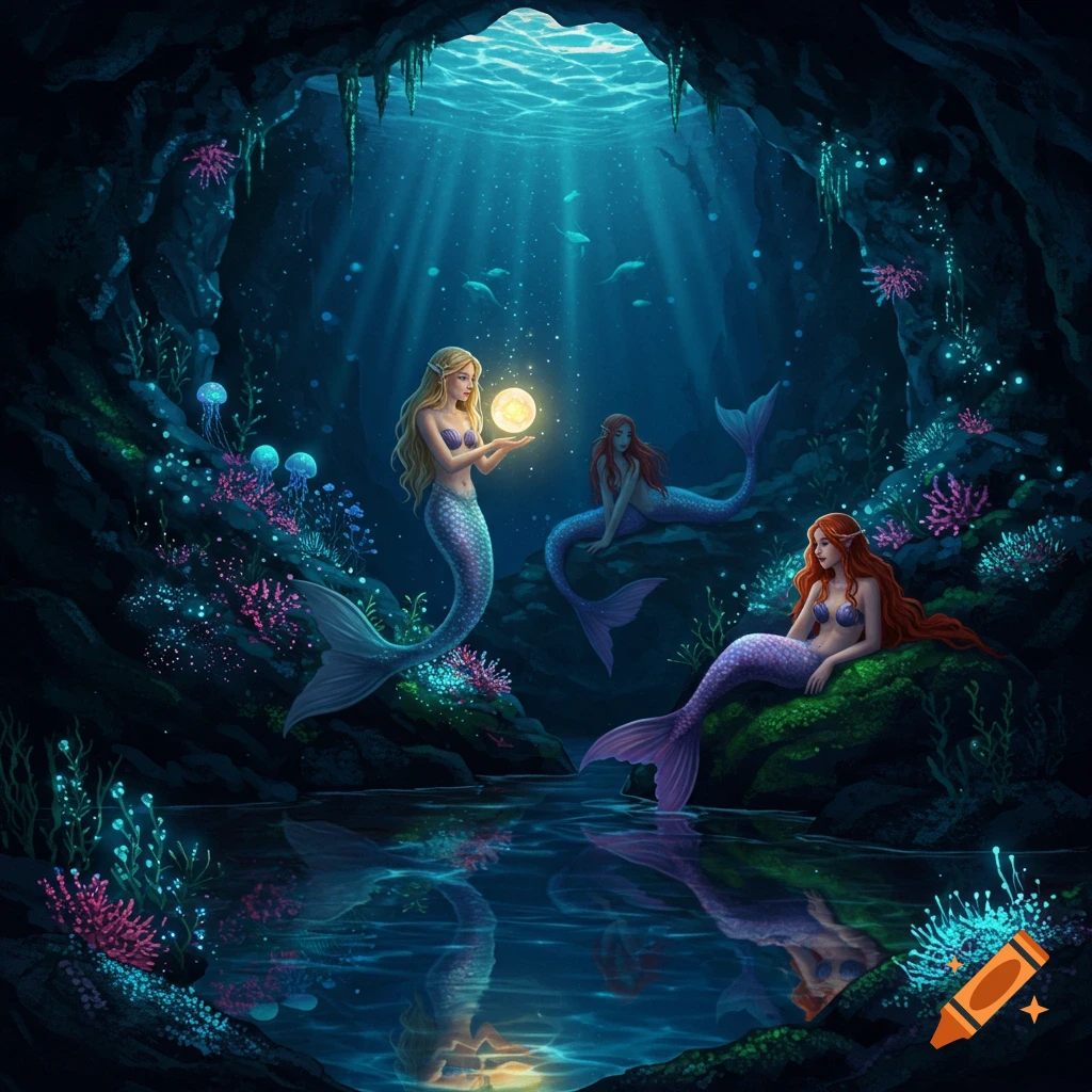 A magical high-fantasy illustration of three mermaids in a glowing ethereal sea cave. One holds a glowing orb, two rest on rocks.