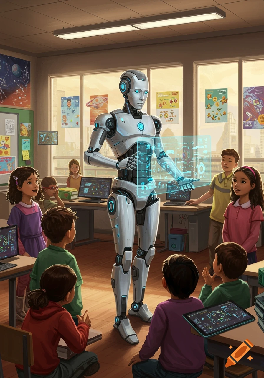 A futuristic white robot teaches a group of diverse young students in a brightly lit classroom, displaying a holographic interface.