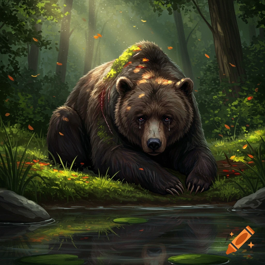 A sad, injured brown bear with tears in its eyes and red marks on its shoulder, sits by a pond in a sunlit forest, digital painting.
