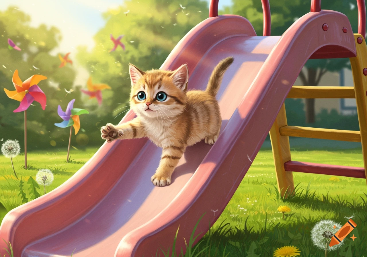 A cute orange tabby kitten with big blue eyes slides down a pink playground slide in a sunny park with pinwheels and dandelions.