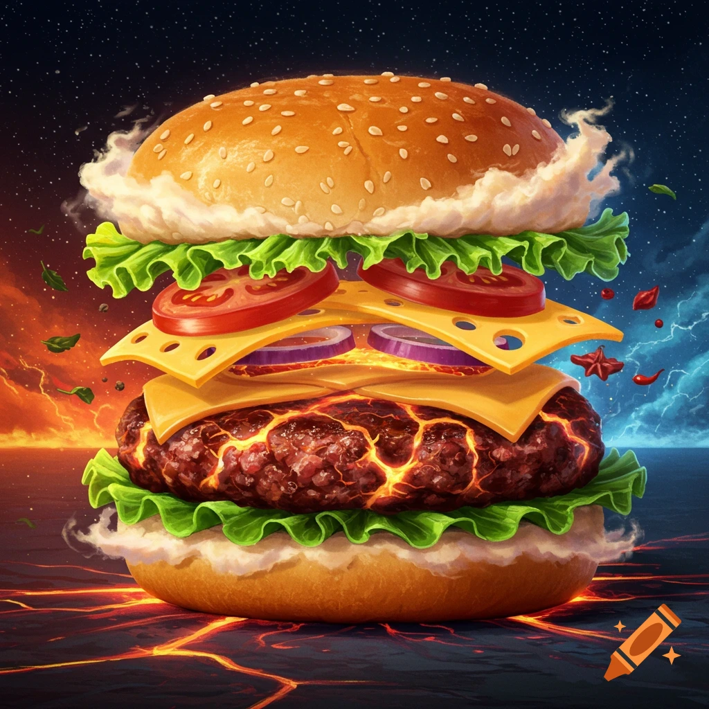 Surreal burger with a glowing lava patty, cheese, lettuce, tomato, and onion, against a cosmic background of fire and lightning.