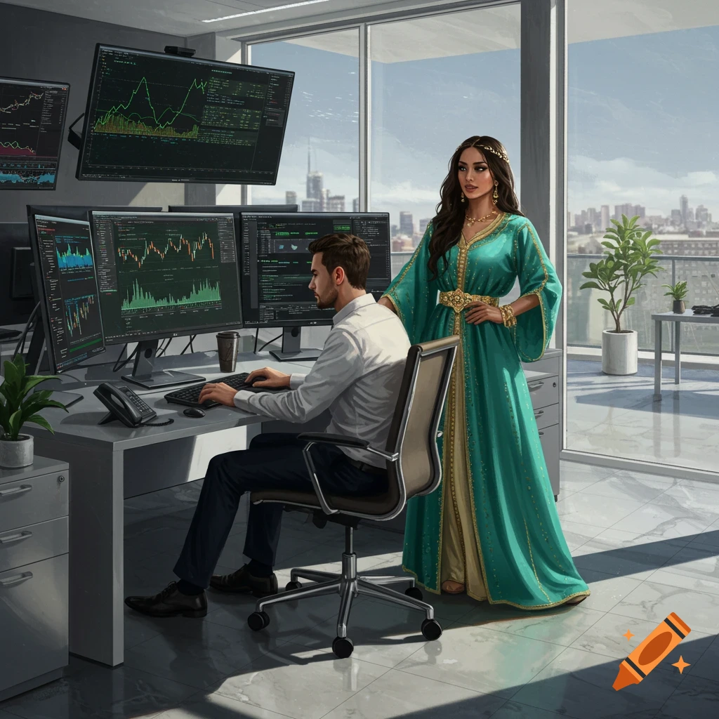 A man works at computers in a modern office with a city view, as a woman in a teal Moroccan kaftan stands beside him.