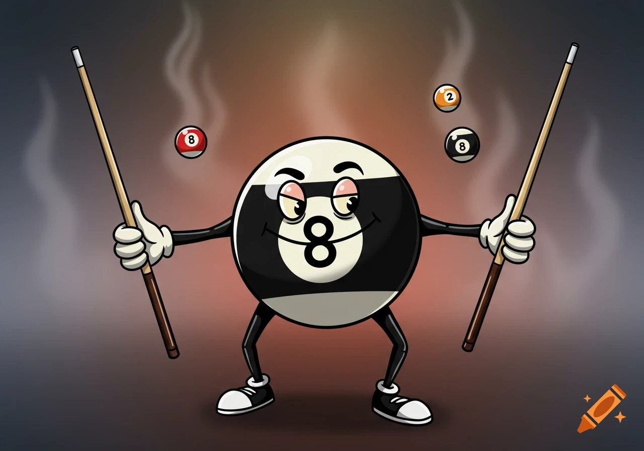 A cartoon 8-ball character with a face, black legs and white gloves, holding a pool cue in each hand, with smaller 8-balls and a 2-ball floating around it.
