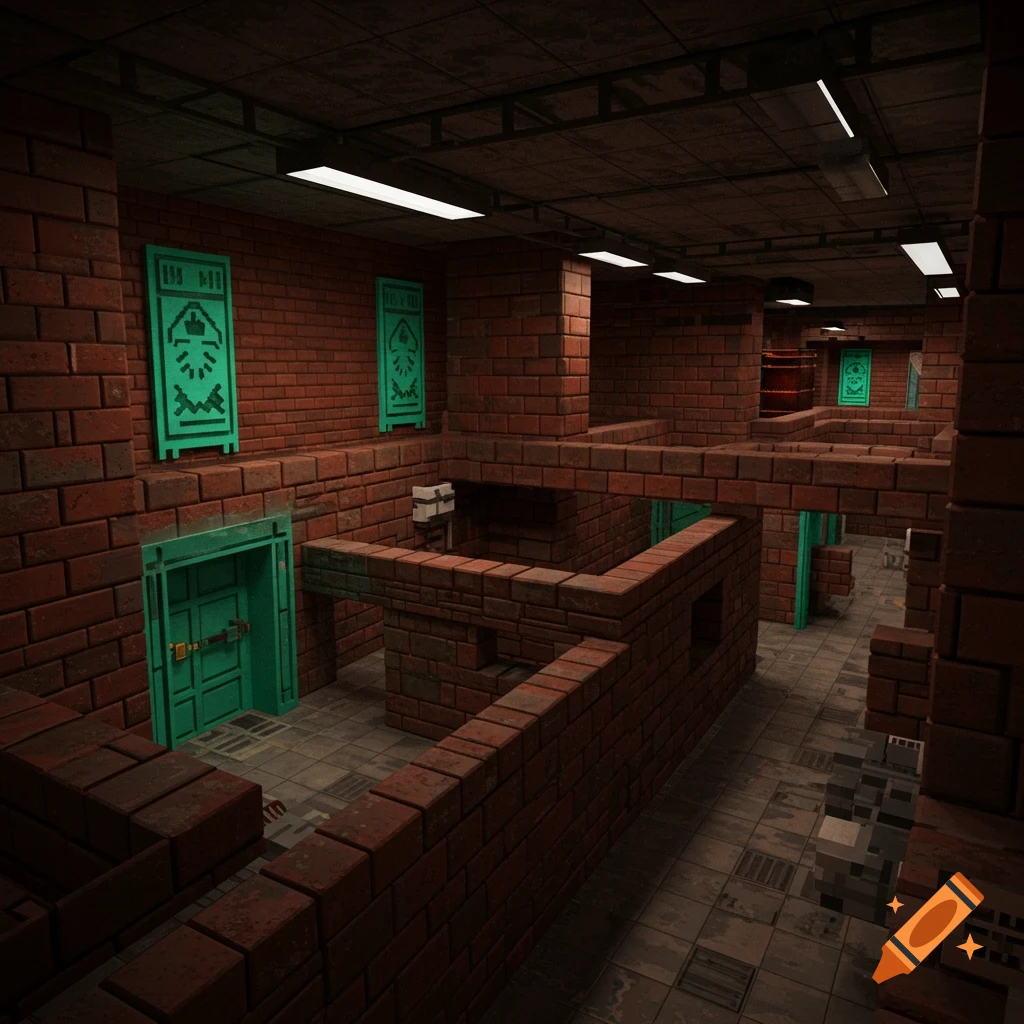 A blocky, retro-style indoor environment resembling a labyrinthine video game level with brick walls and teal doors and panels.