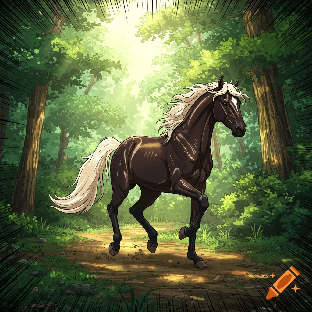A dark horse with a white mane and tail gallops through a bright green forest in a manga style.
