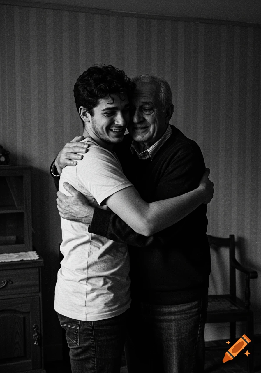Black and white photo of a smiling young man embracing an older man in a dimly lit room.