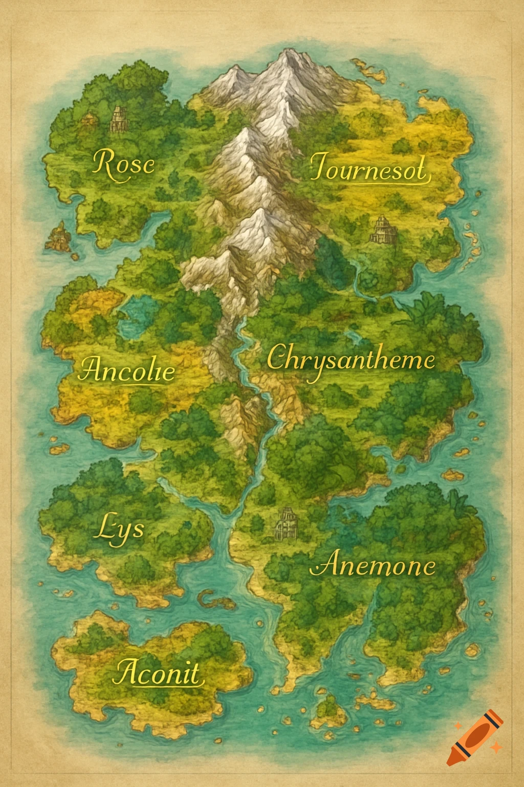 An old, detailed fantasy map in a hand-drawn style, depicting a world of islands and continents labeled with names like Rose, Tournesol, and Anemone, surrounded by turquoise water, mountains, forests, and small settlements.