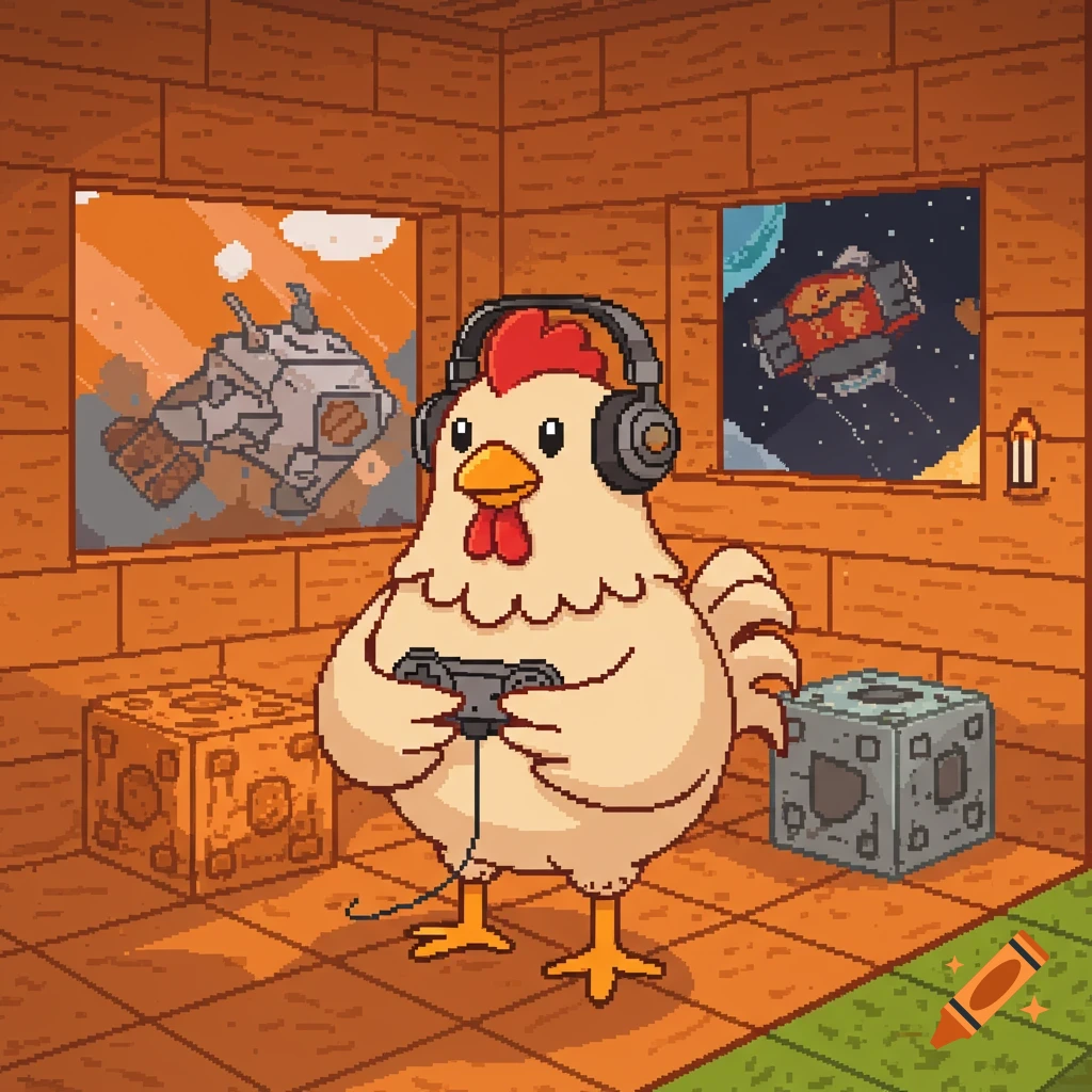 Vibrant, pixelated 8-bit cartoon chicken wearing gaming headphones and holding a controller in a coop with Minecraft blocks and spaceship posters.
