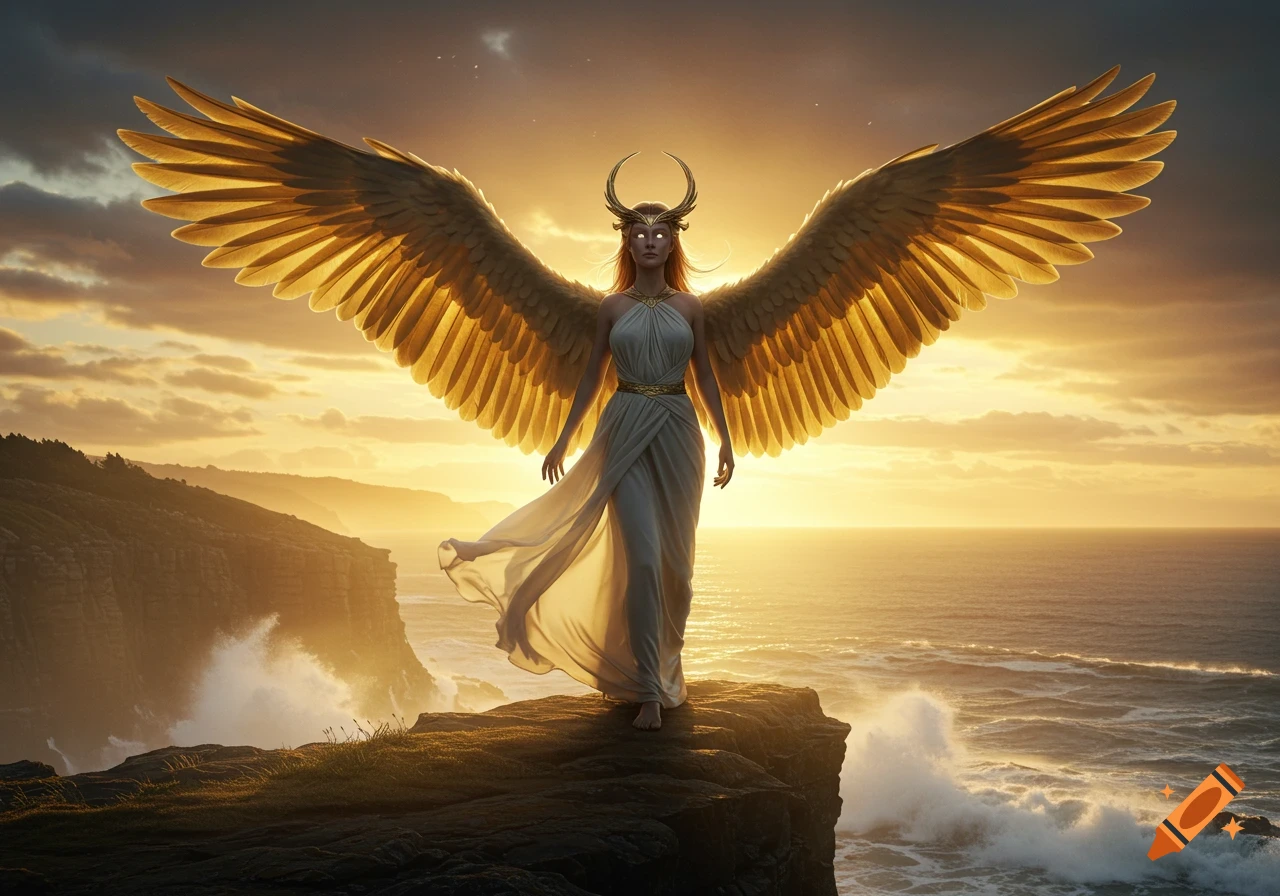 A majestic winged woman with glowing eyes and horns stands on a cliff overlooking the ocean at sunset. Photorealistic digital art.