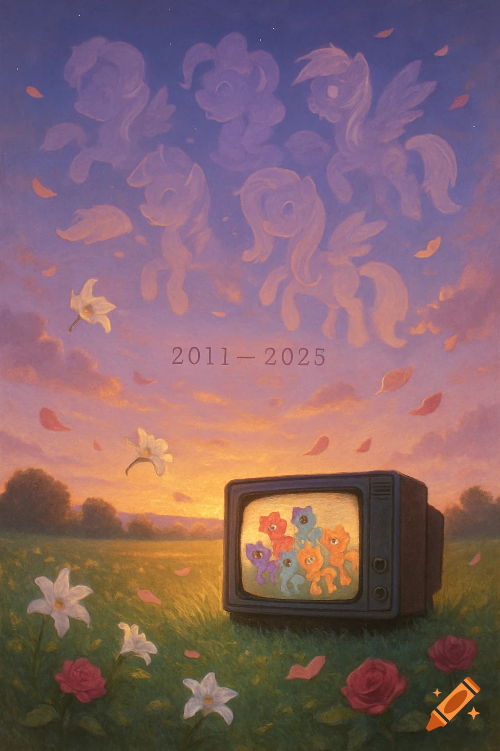 Painterly sunset over a field with pony-shaped clouds, a retro TV displaying colorful cartoon ponies, and scattered flowers. Text '2011 - 2025' in the sky.