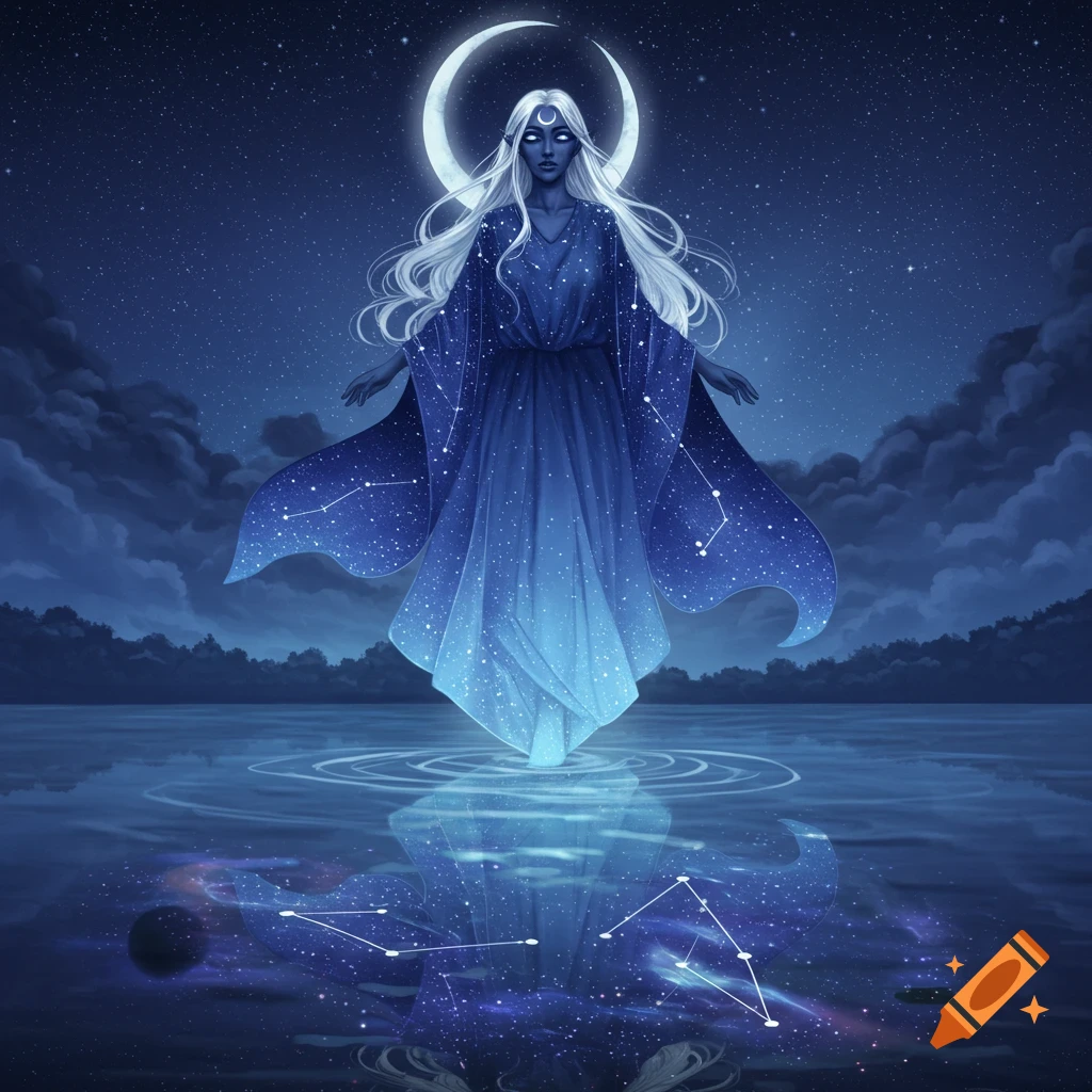 Graceful blue-skinned woman with white hair and crescent moon halo in a starry blue robe, standing in reflective water under a night sky.