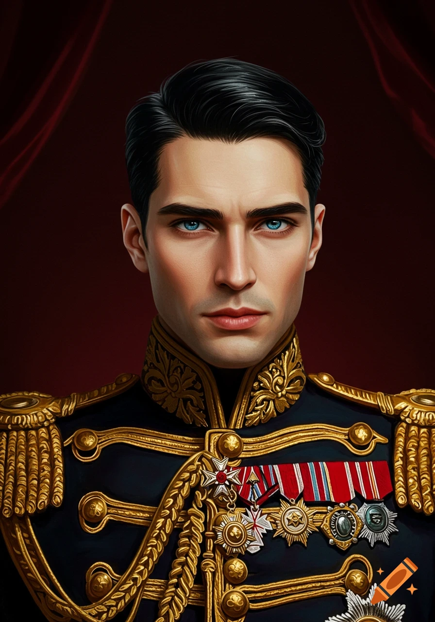 Digital portrait of a dark-haired man with blue eyes in an ornate dark blue royal uniform with gold trim and various medals.
