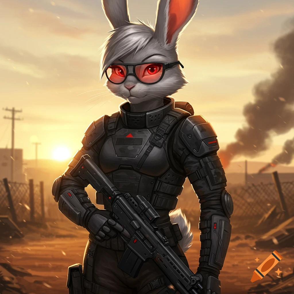A furry female bunny in black tactical gear and red glasses holds a rifle, standing in a desolate, sunlit landscape with smoke.