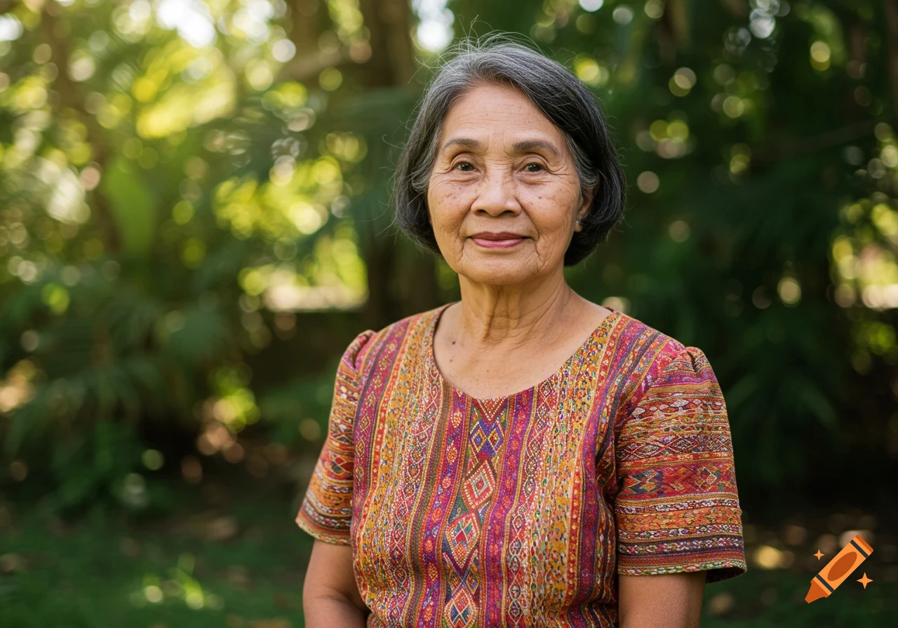 A smiling elderly Asian woman with grey hair wears a colorful patterned shirt outdoors.
