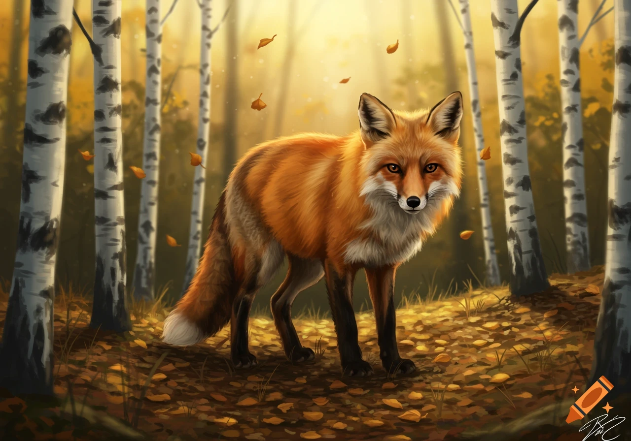 A vibrant red fox stands in a sunlit autumn birch forest amidst fallen golden leaves, rendered in a digital painting style.