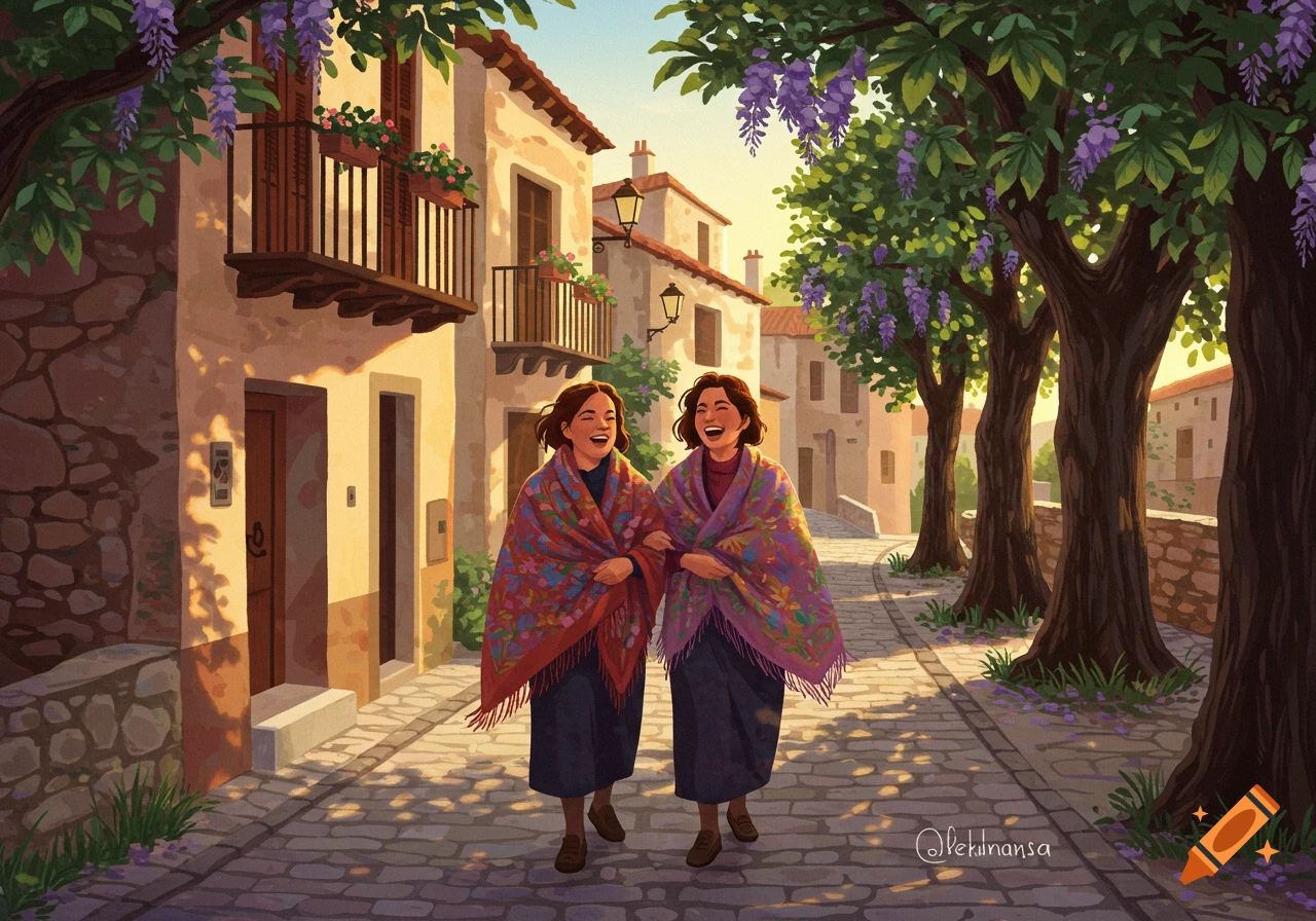 Two smiling women in patterned shawls walk arm-in-arm down a sunny village street lined with wisteria trees, in an illustration.