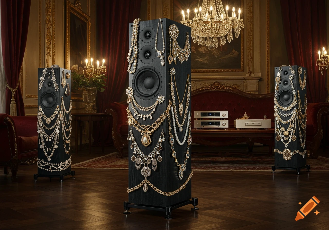Three black floorstanding speakers adorned with gold and pearl jewelry in an opulent, grand room.
