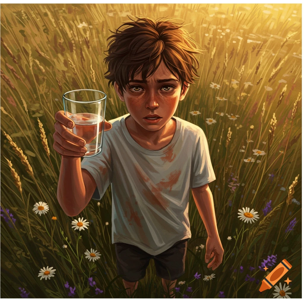 A digital illustration of a sad young boy standing in a field of tall grass and wildflowers, holding out a glass of water.
